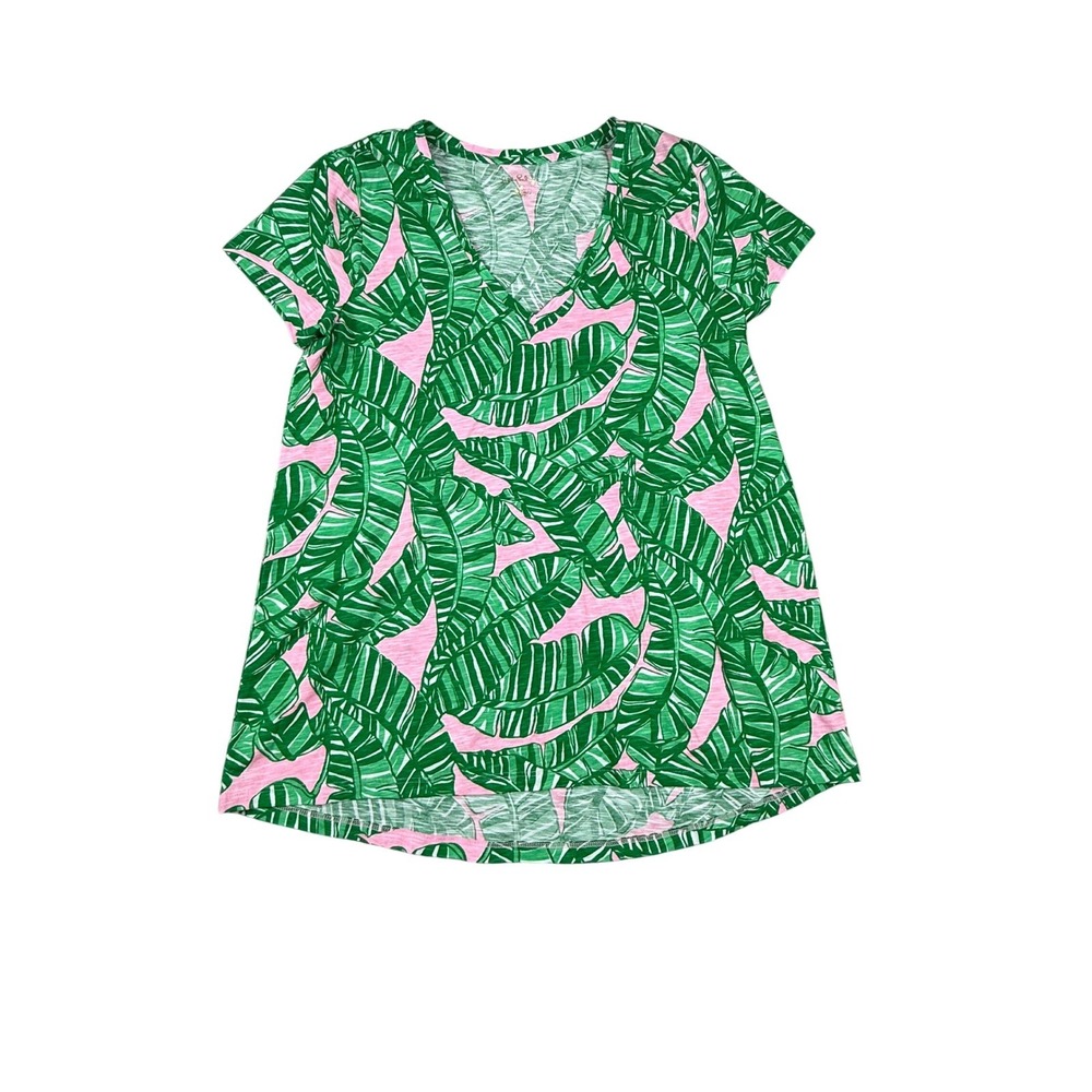 NWT Lilly Pulitzer Ette V-Neck Top Conch Shell Pink Lets Go Bananas Print M
